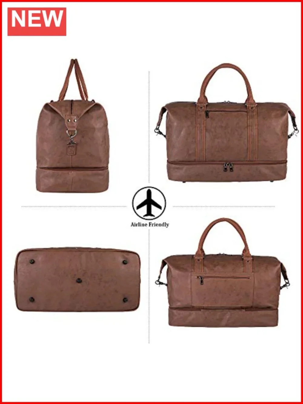 Waterproof 52L Leather Travel Duffel Bag with Shoe Pouch